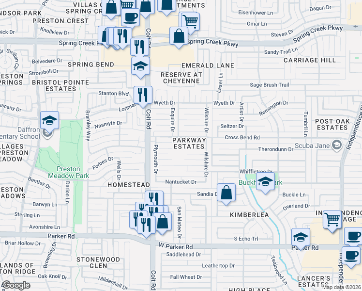 map of restaurants, bars, coffee shops, grocery stores, and more near 3904 Gettysburg Cir in Plano