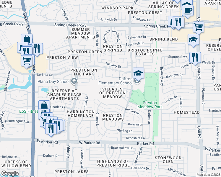 map of restaurants, bars, coffee shops, grocery stores, and more near 3601 Dandelion Drive in Plano