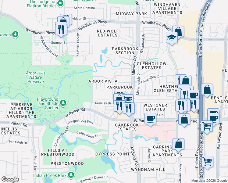 map of restaurants, bars, coffee shops, grocery stores, and more near 6428 Andora Drive in Plano