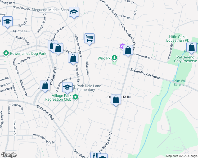 map of restaurants, bars, coffee shops, grocery stores, and more near 584 Rancho Santa Fe Road in Encinitas