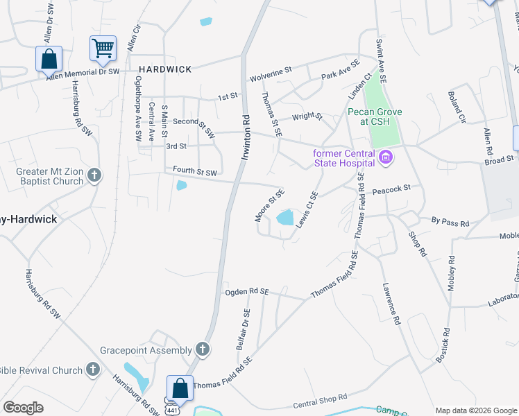 map of restaurants, bars, coffee shops, grocery stores, and more near 2260 Irwinton Road in Milledgeville