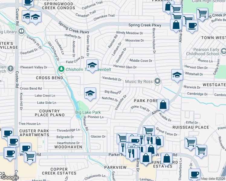 map of restaurants, bars, coffee shops, grocery stores, and more near 1409 Natchez Drive in Plano