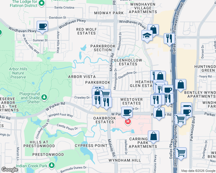 map of restaurants, bars, coffee shops, grocery stores, and more near 6404 Andora Drive in Plano