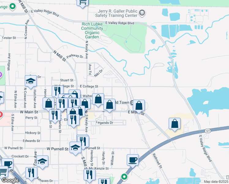 map of restaurants, bars, coffee shops, grocery stores, and more near 230 Leonard Street in Lewisville