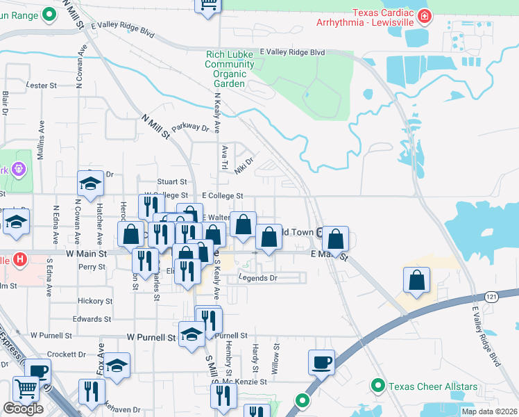 map of restaurants, bars, coffee shops, grocery stores, and more near 414 East Walters Street in Lewisville