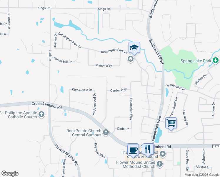 map of restaurants, bars, coffee shops, grocery stores, and more near 4504 Trotter Lane in Flower Mound