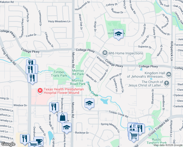 map of restaurants, bars, coffee shops, grocery stores, and more near 1813 Newton Drive in Flower Mound
