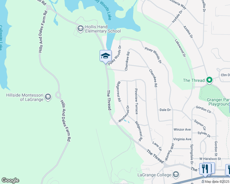 map of restaurants, bars, coffee shops, grocery stores, and more near 724 Ridgecrest Road in LaGrange