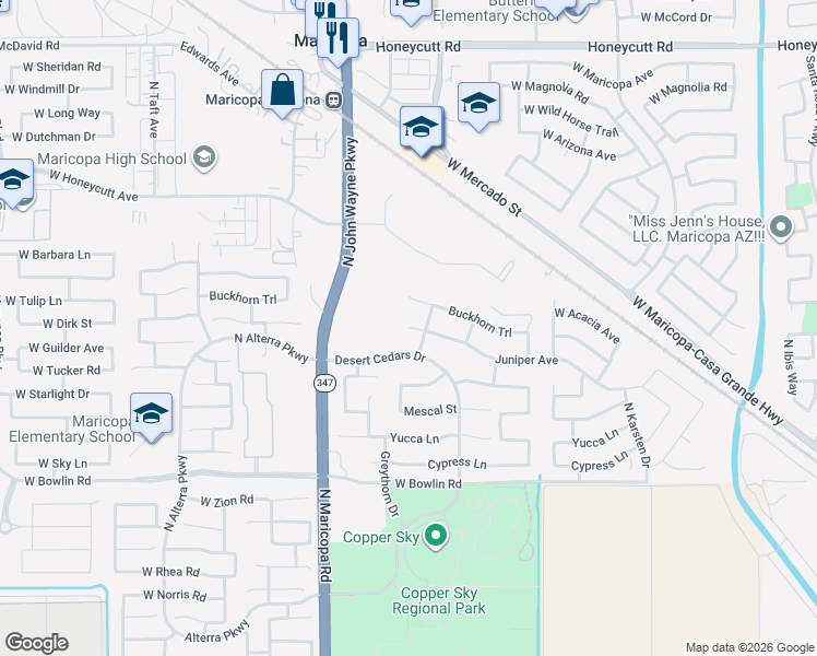 map of restaurants, bars, coffee shops, grocery stores, and more near 44392 Juniper Avenue in Maricopa