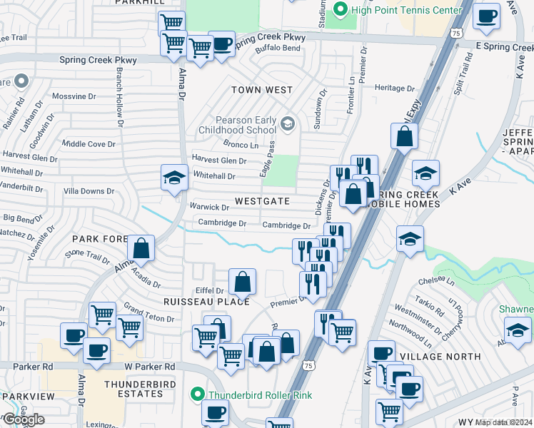 map of restaurants, bars, coffee shops, grocery stores, and more near 752 Warwick Drive in Plano