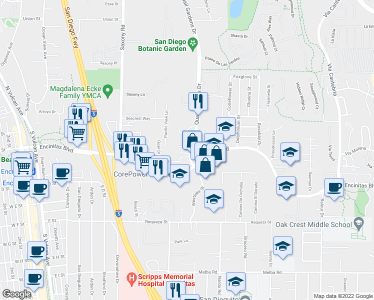 map of restaurants, bars, coffee shops, grocery stores, and more near 116 Quail Gardens Drive in Encinitas