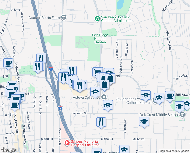 map of restaurants, bars, coffee shops, grocery stores, and more near 545 Quail Pointe Lane in Encinitas