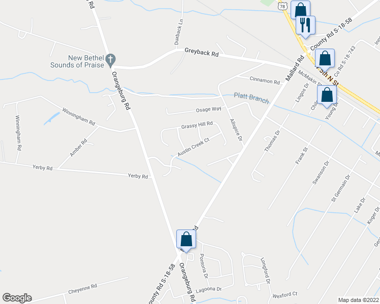 map of restaurants, bars, coffee shops, grocery stores, and more near 231 Austin Creek Court in Summerville