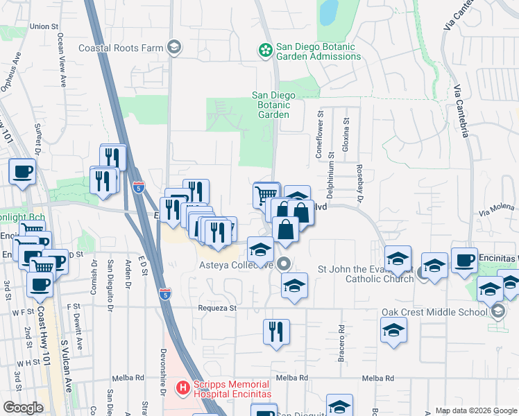 map of restaurants, bars, coffee shops, grocery stores, and more near 545 Quail Pointe Lane in Encinitas