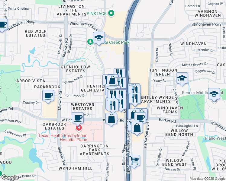 map of restaurants, bars, coffee shops, grocery stores, and more near 3645 Dallas Parkway in Plano
