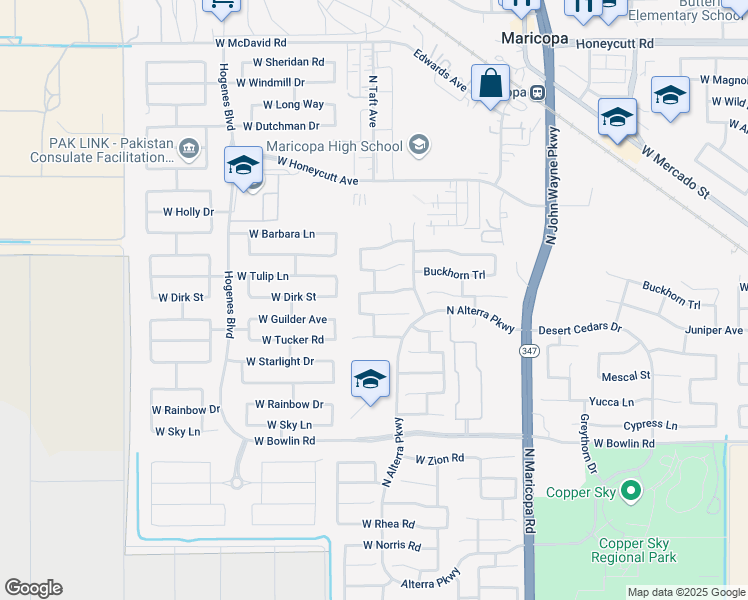map of restaurants, bars, coffee shops, grocery stores, and more near 45293 West Desert Cedars Lane in Maricopa
