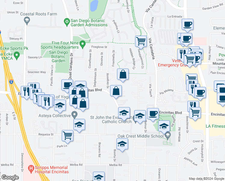 map of restaurants, bars, coffee shops, grocery stores, and more near 117 Rosebay Drive in Encinitas