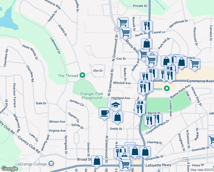 map of restaurants, bars, coffee shops, grocery stores, and more near 607 North Greenwood Street in LaGrange