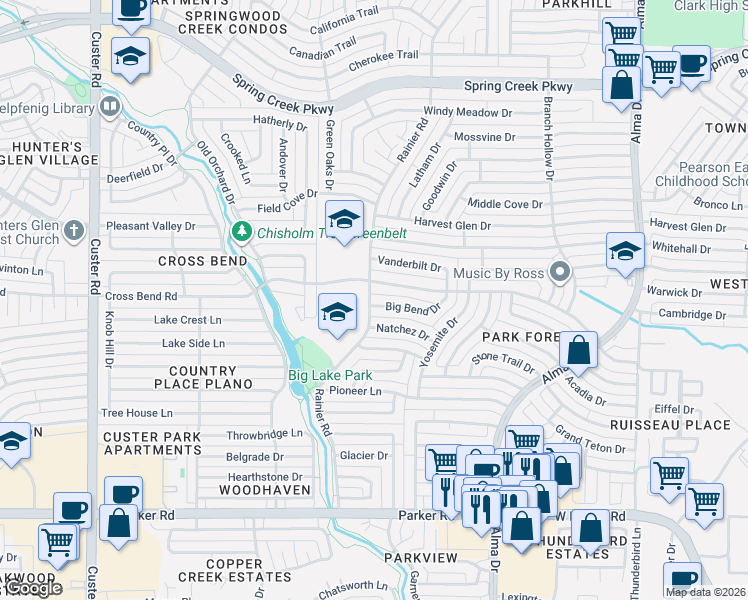 map of restaurants, bars, coffee shops, grocery stores, and more near 1433 Natchez Drive in Plano