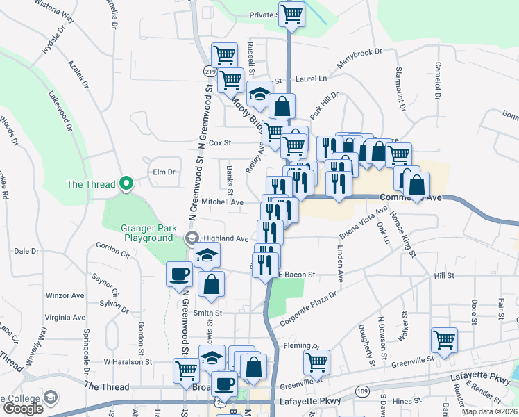 map of restaurants, bars, coffee shops, grocery stores, and more near 609 Ridley Avenue in LaGrange