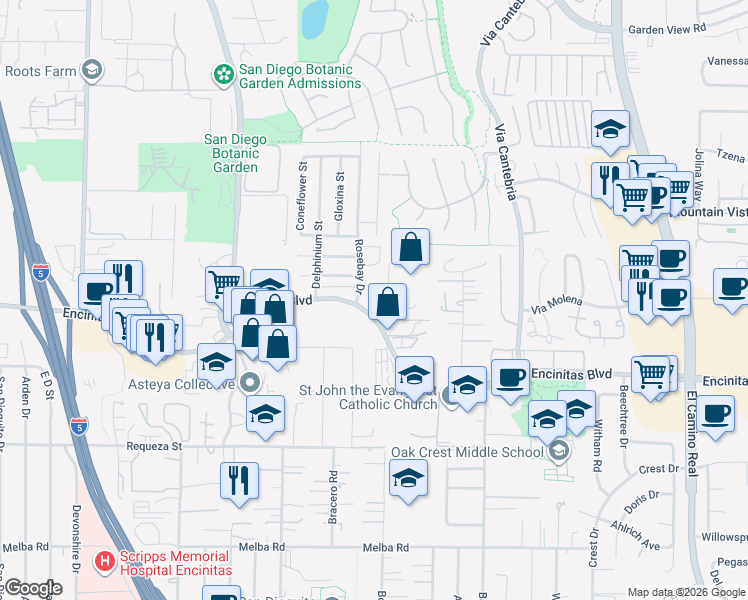 map of restaurants, bars, coffee shops, grocery stores, and more near 117 Rosebay Drive in Encinitas