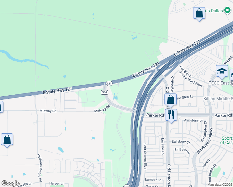 map of restaurants, bars, coffee shops, grocery stores, and more near 2200 East State Highway 121 in Lewisville