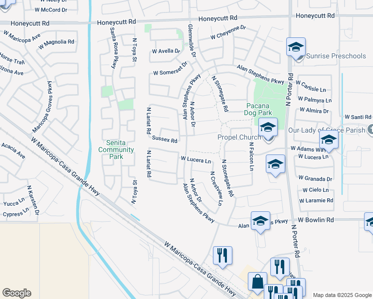 map of restaurants, bars, coffee shops, grocery stores, and more near 18260 Alan Stephens Parkway in Maricopa
