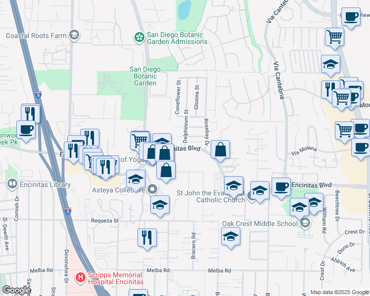 map of restaurants, bars, coffee shops, grocery stores, and more near Encinitas Boulevard & Delphinium Street in Encinitas
