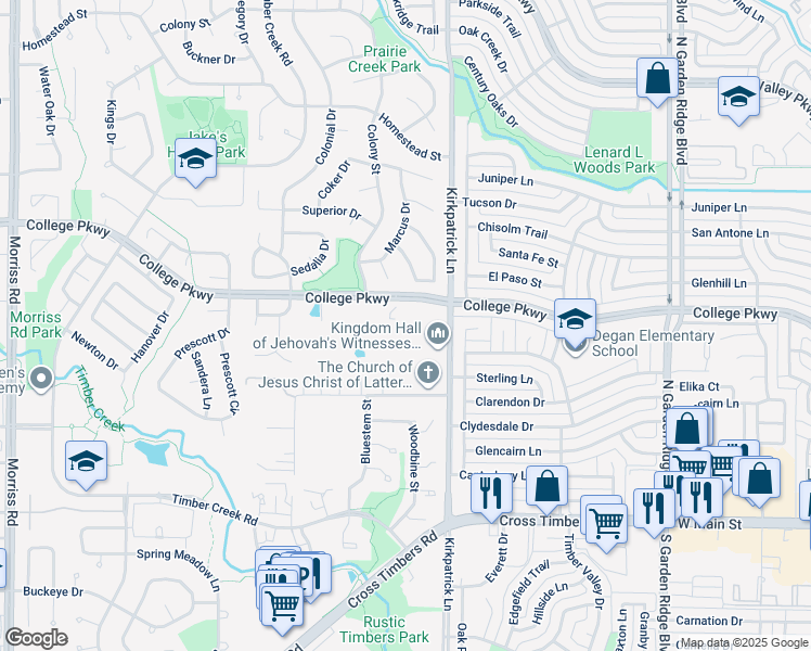 map of restaurants, bars, coffee shops, grocery stores, and more near 1117 College Parkway in Lewisville