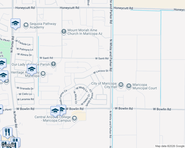 map of restaurants, bars, coffee shops, grocery stores, and more near West Lococo Street in Maricopa