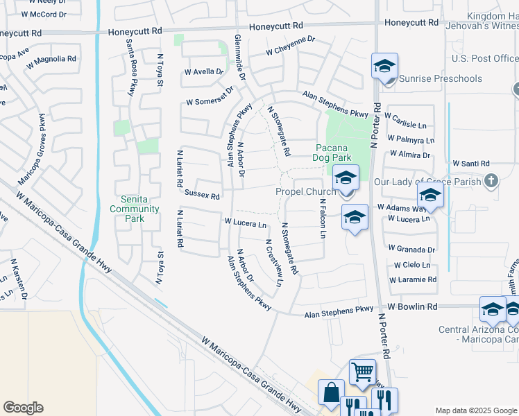 map of restaurants, bars, coffee shops, grocery stores, and more near 42097 West Arvada Court in Maricopa