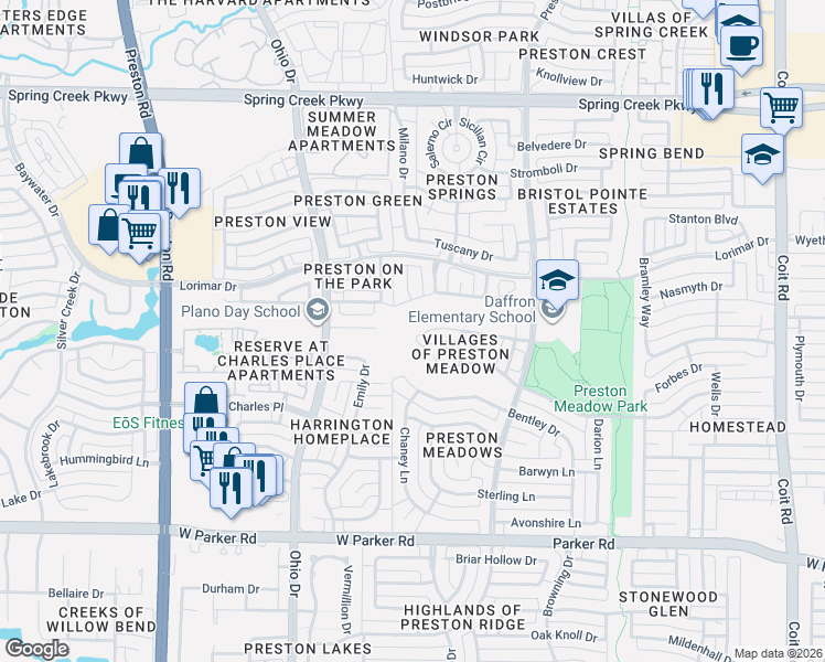 map of restaurants, bars, coffee shops, grocery stores, and more near 4568 Pebble Brook Lane in Plano