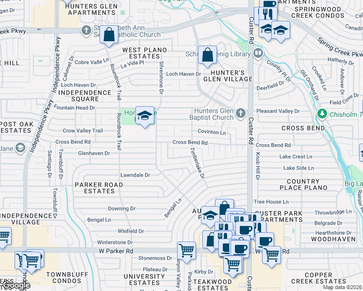 map of restaurants, bars, coffee shops, grocery stores, and more near 2309 Cross Bend Road in Plano