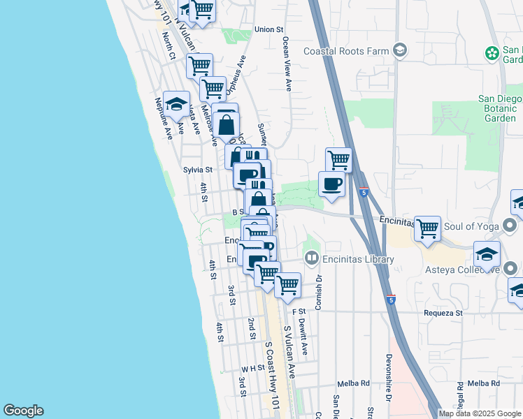 map of restaurants, bars, coffee shops, grocery stores, and more near 2 Encinitas Boulevard in Encinitas