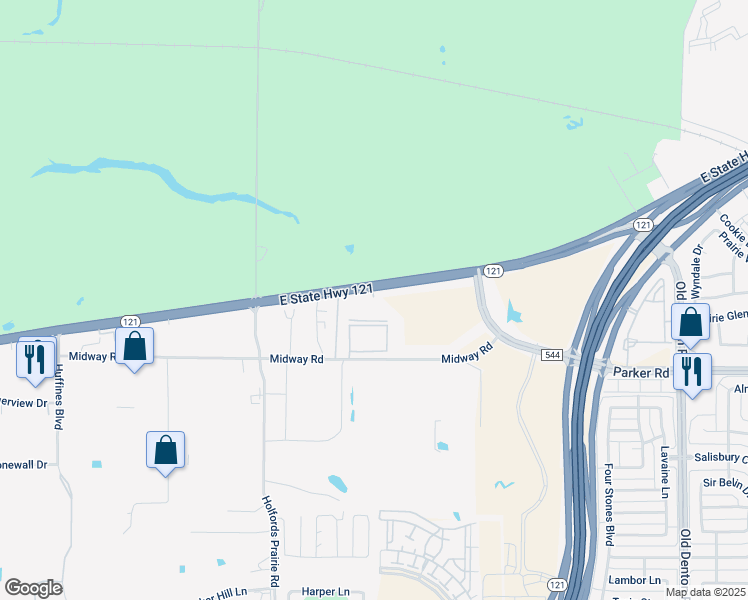 map of restaurants, bars, coffee shops, grocery stores, and more near 1980 East State Highway 121 in Lewisville