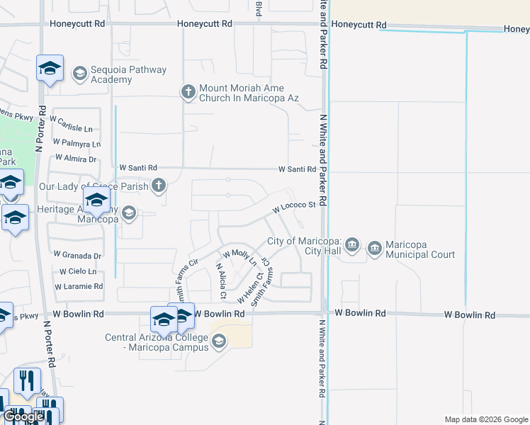 map of restaurants, bars, coffee shops, grocery stores, and more near 40214 West Lococo Street in Maricopa