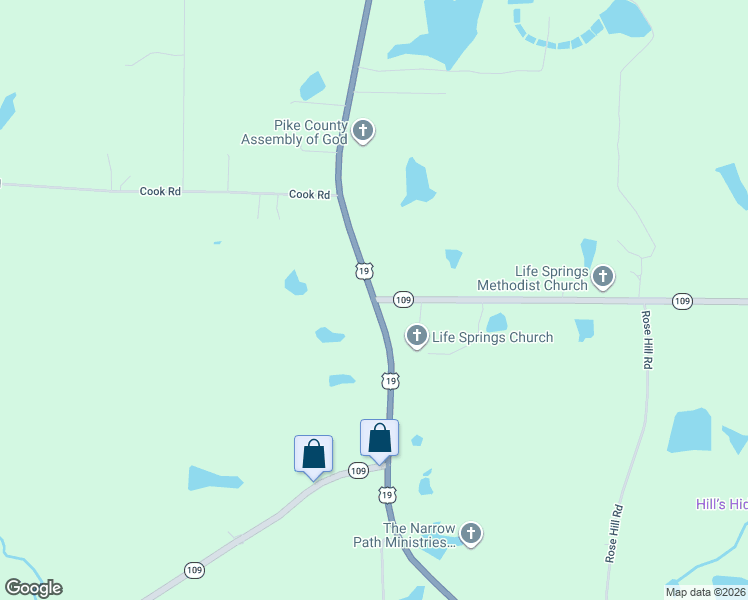map of restaurants, bars, coffee shops, grocery stores, and more near 10525 Georgia 109 in Zebulon