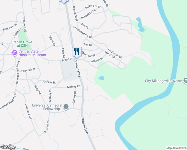 map of restaurants, bars, coffee shops, grocery stores, and more near 200 Rock Hill Road Southeast in Milledgeville