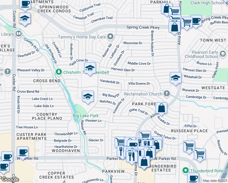map of restaurants, bars, coffee shops, grocery stores, and more near 1412 Cross Bend Road in Plano
