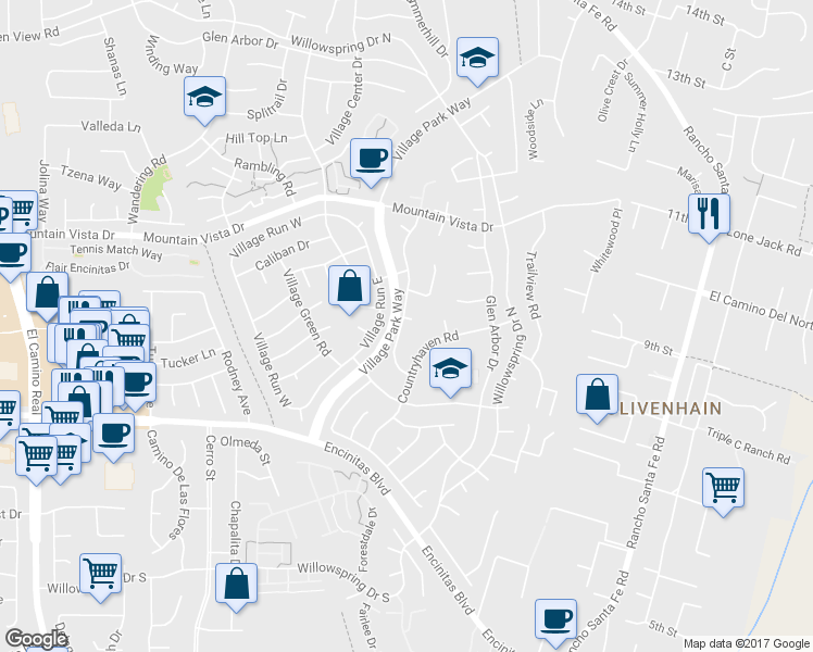 map of restaurants, bars, coffee shops, grocery stores, and more near 2005 Countrywood Court in Encinitas