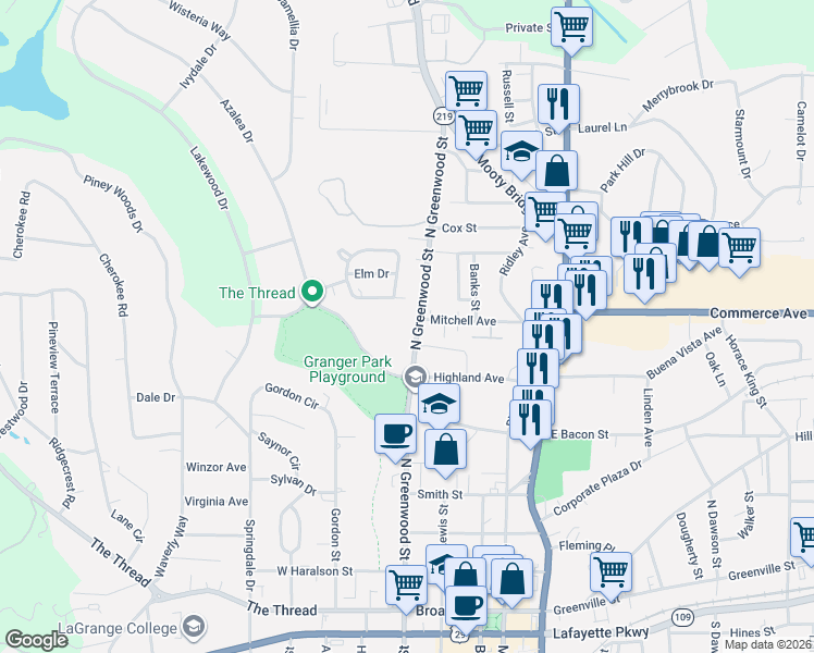 map of restaurants, bars, coffee shops, grocery stores, and more near 105 Beechwood Circle in LaGrange