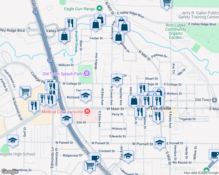 map of restaurants, bars, coffee shops, grocery stores, and more near 411 West College Street in Lewisville