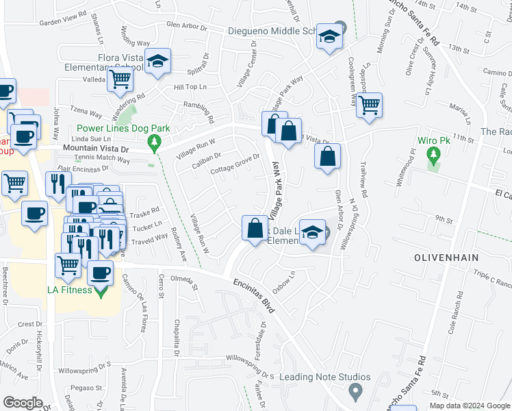 map of restaurants, bars, coffee shops, grocery stores, and more near 1842 Stonebrook Lane in Encinitas