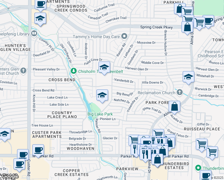 map of restaurants, bars, coffee shops, grocery stores, and more near 1447 Cross Bend Road in Plano