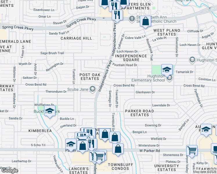 map of restaurants, bars, coffee shops, grocery stores, and more near 3027 Cross Bend Road in Plano