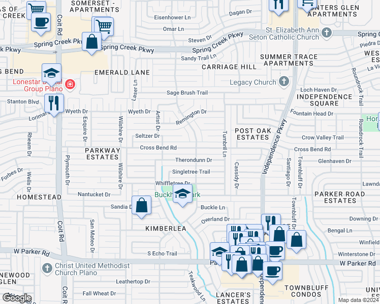 map of restaurants, bars, coffee shops, grocery stores, and more near 3401 Cross Bend Road in Plano
