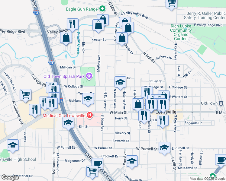 map of restaurants, bars, coffee shops, grocery stores, and more near 411 West College Street in Lewisville