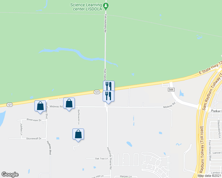 map of restaurants, bars, coffee shops, grocery stores, and more near 1907 Highway 121 Business in Lewisville