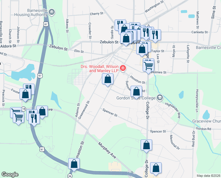 map of restaurants, bars, coffee shops, grocery stores, and more near 700 Thomaston Street in Barnesville