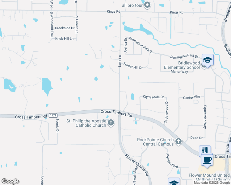 map of restaurants, bars, coffee shops, grocery stores, and more near 5200 Cross Timbers Road in Flower Mound